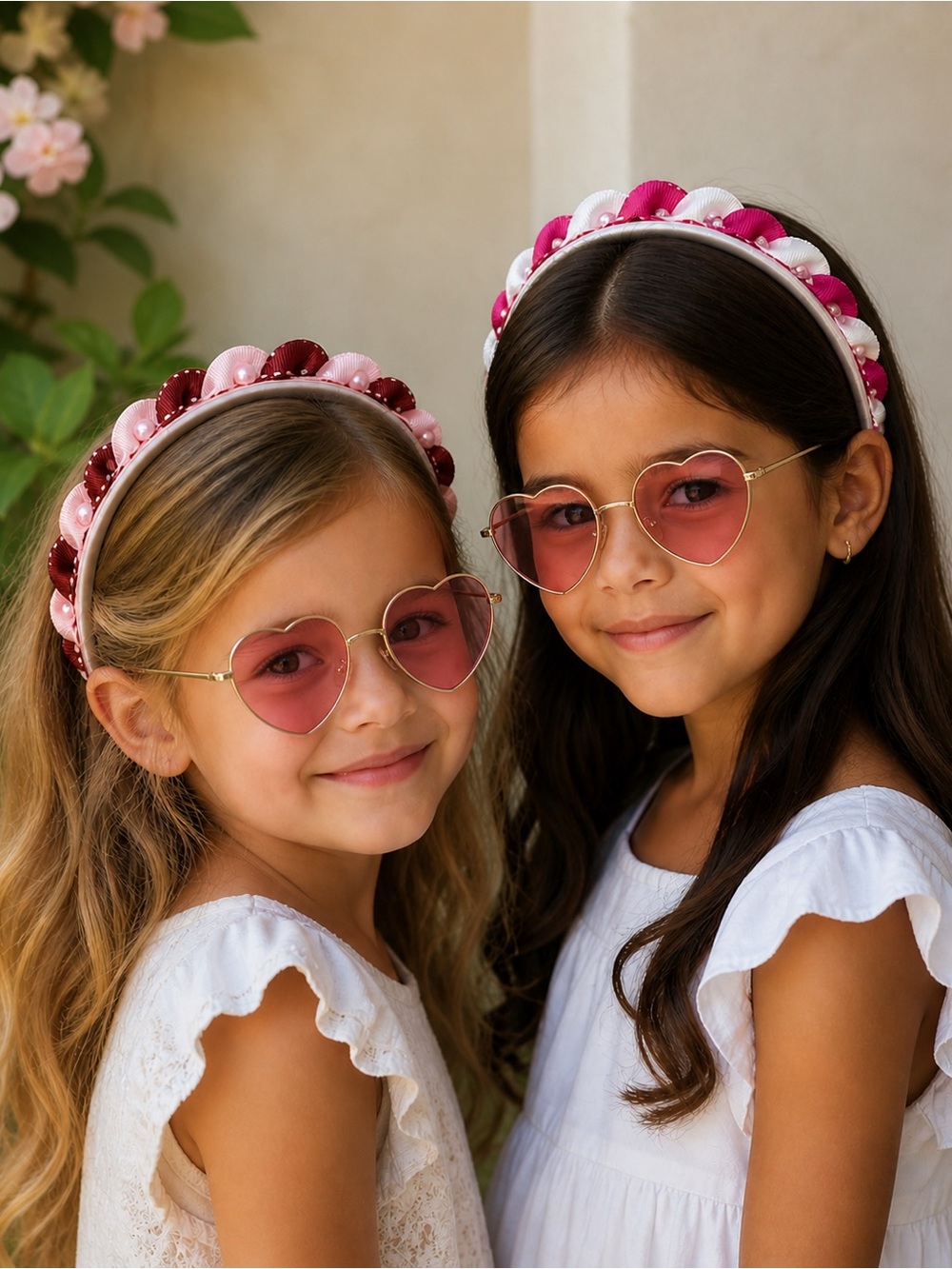 Girls Pink and Burgundy Ribbon Pearl Headband Set